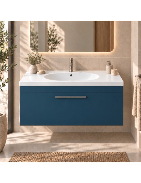 Mueble Elena THREE de un cajón, ambiente en azul petróleo (recreación)