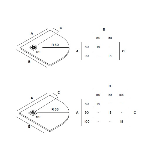 Plato de ducha semicircular Curve R50-R55 de Nuovvo · plano técnico