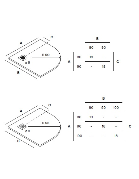 Plato de ducha semicircular Curve R50-R55 de Nuovvo · plano técnico
