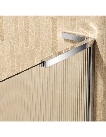 Mampara de ducha fija Fix Waves de SBX Ultra-Cromo · Detalle del cristal acanalado Waves y la sujeción Ultra Cromo