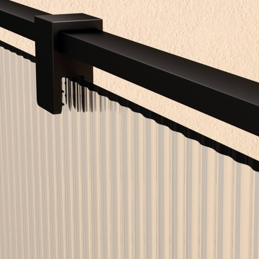 Mampara de ducha fija Front Waves de SBX Negro Mate · Detalle del brazo y fijaciones Negro Mate