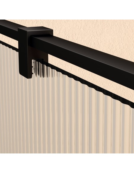 Mampara de ducha fija Front Waves de SBX Negro Mate · Detalle del brazo y fijaciones Negro Mate
