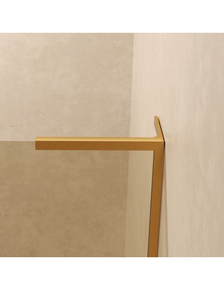 Mampara fija de ducha Fix Gold de SBX Oro Cepillado · Detalle de fijación y cristal Gold