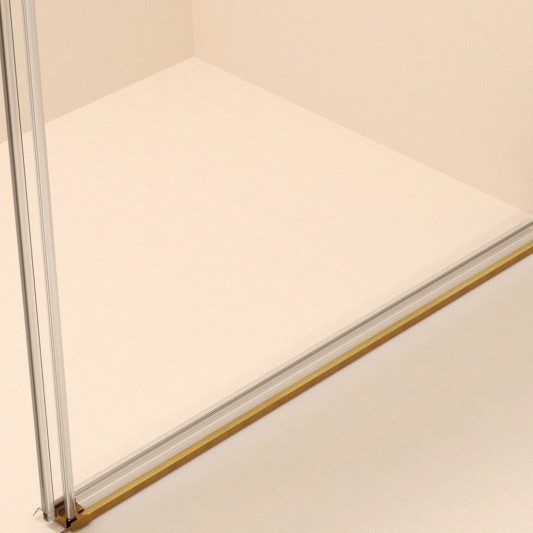 SBX_Imex Mampara de ducha frontal corredera Stylo Oro cepillado 1F+1C op.lateral fijo · Detalle del vierteaguas Oro Cepillado