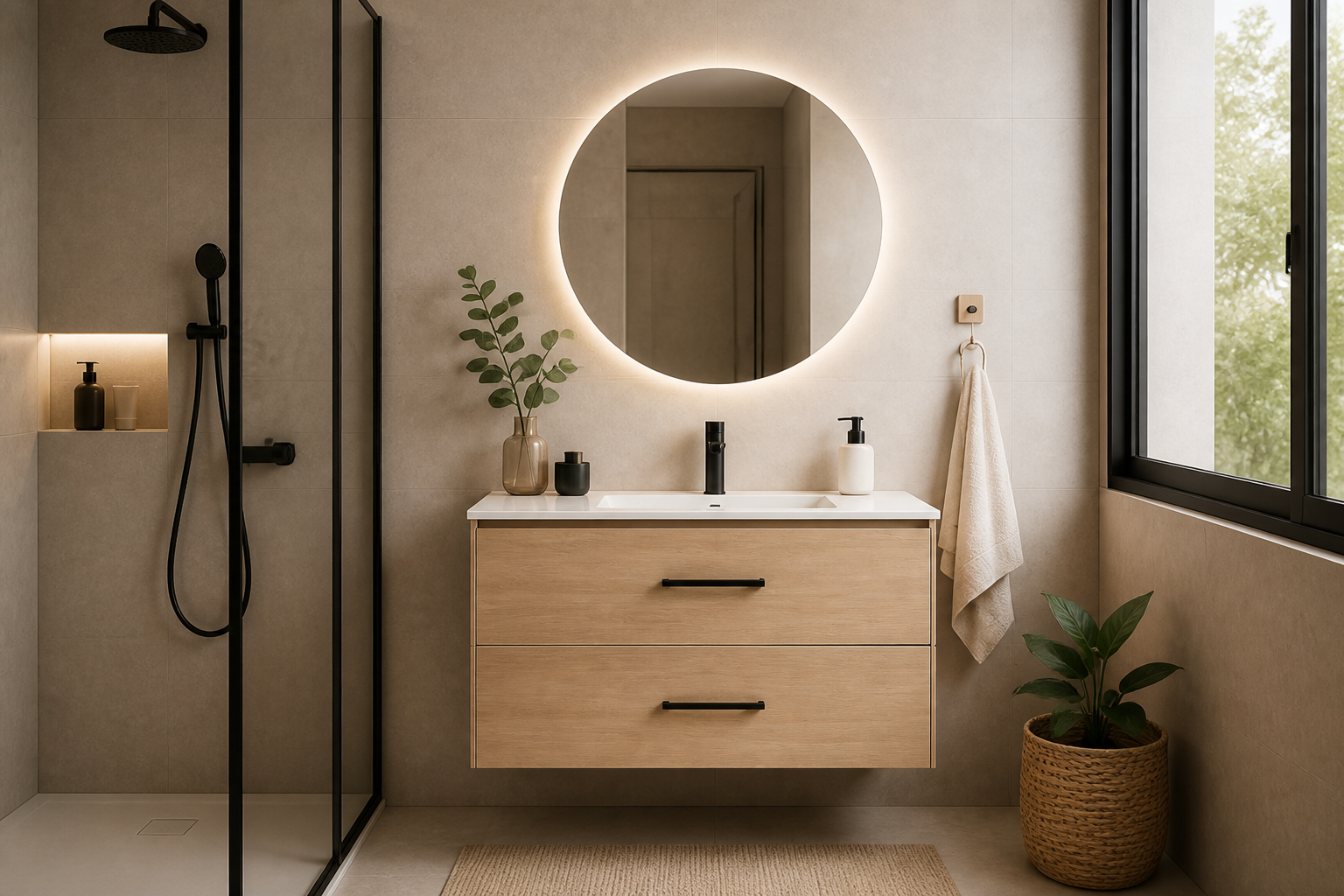 Baño moderno con mueble de madera y espejo retroiluminado